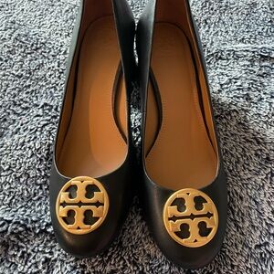 Tory Burch Black Leather Short Heels with Gold Logo